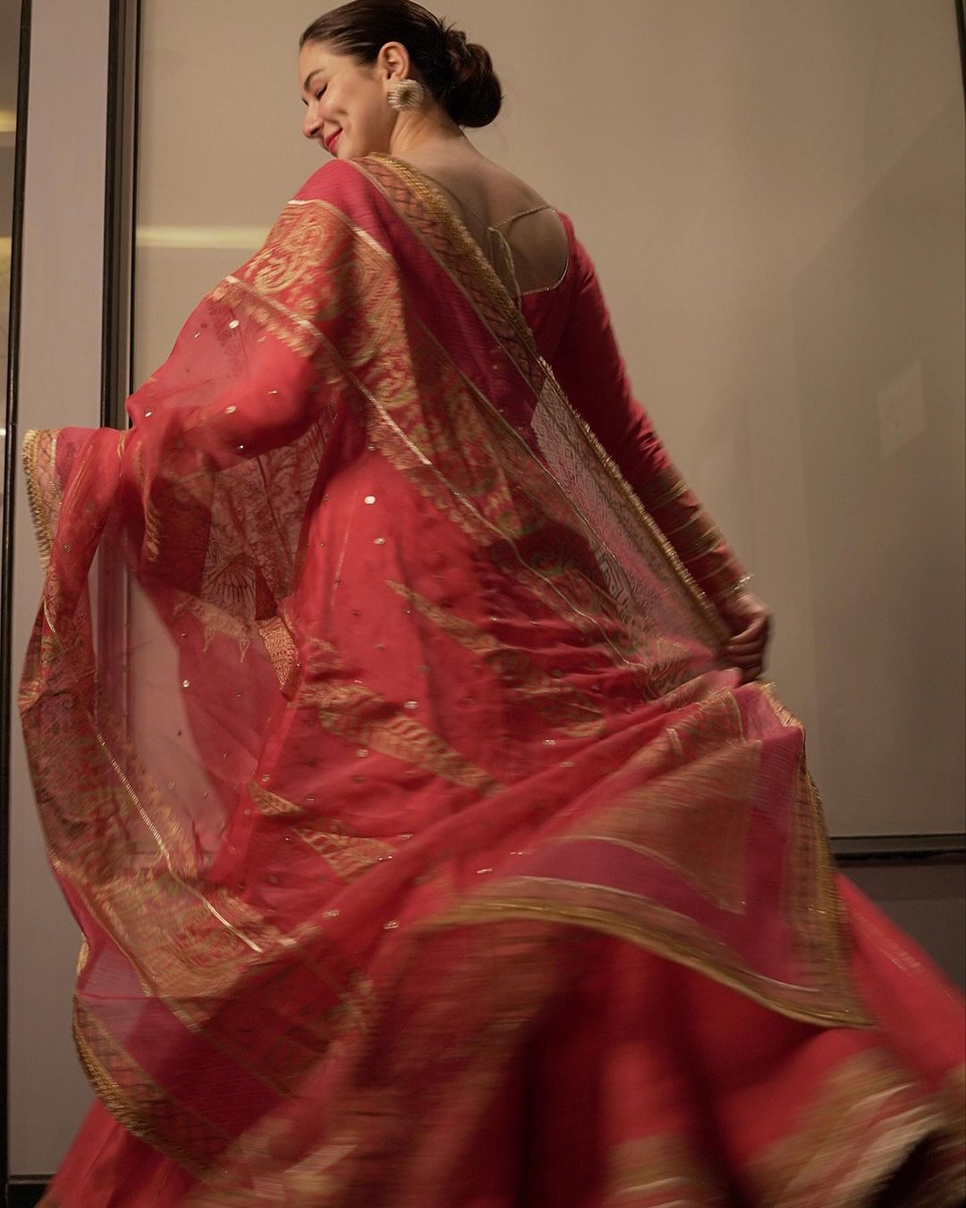 Hania Aamir displays Royal Grace in Peach Color Pishwas
